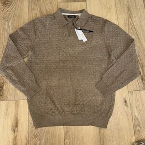 Tahari‎ Men's Collared Basket Weave Print Taupe Sweater Wool Blend Small NEW